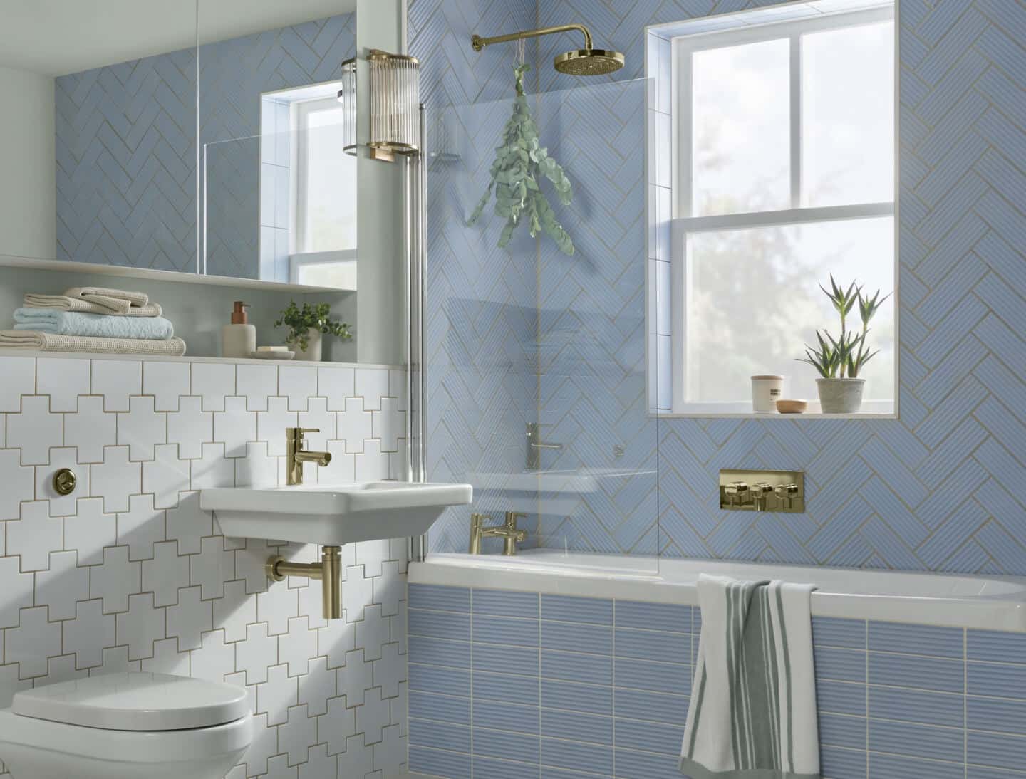 A bathroom tiled in Topps Tiles Flute tiles Dulux Colour of the Year 2022 Bright Skies