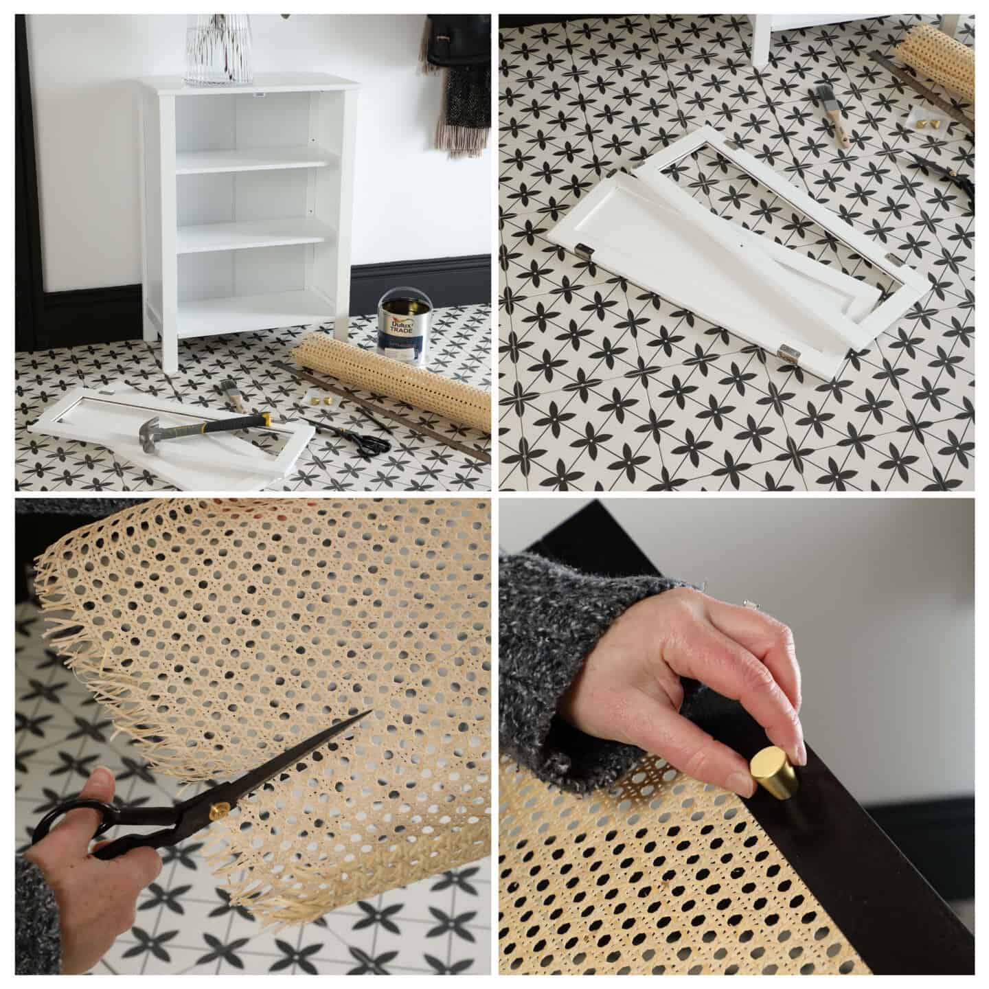 Upcycling a small white cabinet using black paint, rattan sheets and some new gold door knobs