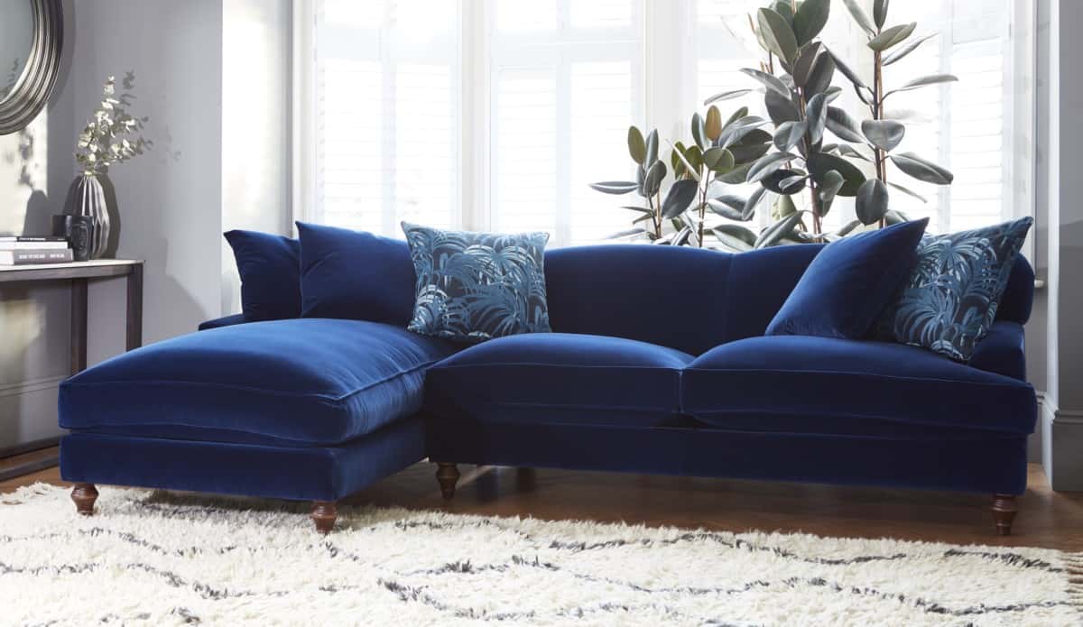 Blue chaise velvet sofas by Darlings of chelsea 