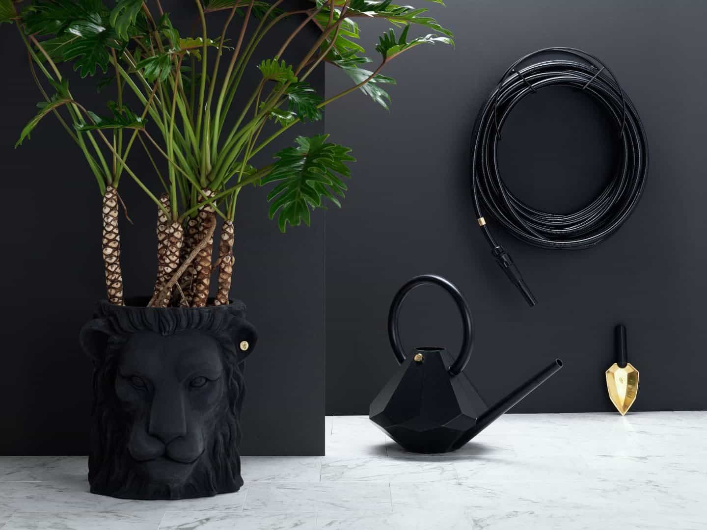 Garden Glory - Stylish garden equipment - black garden hose, watering can and lions head plant pot