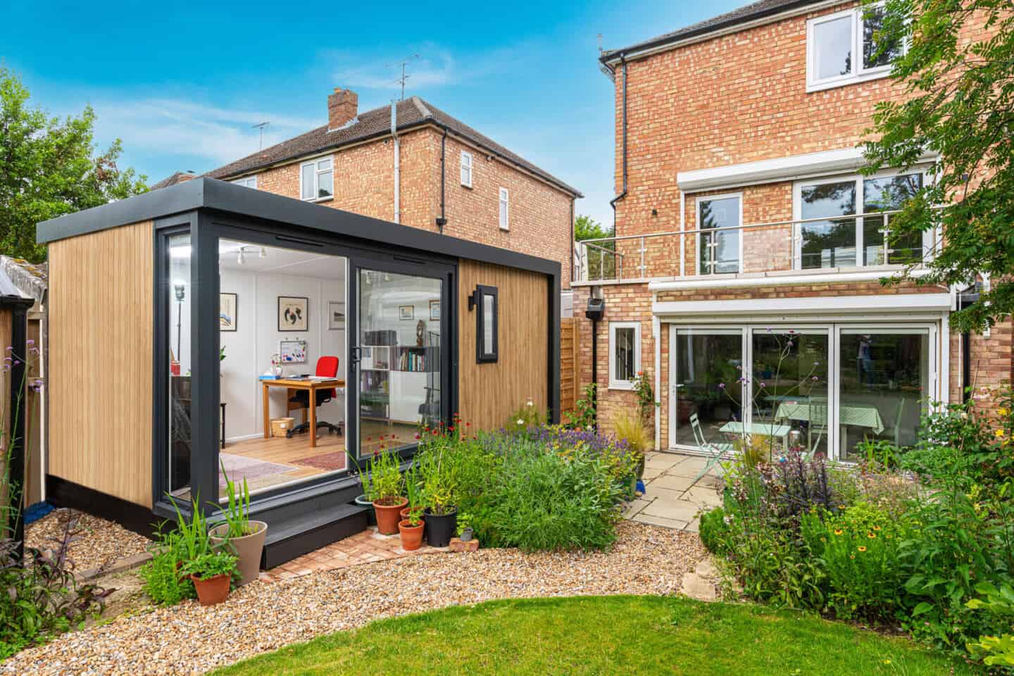 A garden room is used as an office and music room