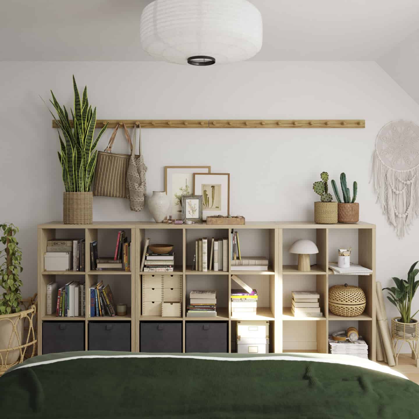 Neutral boho bedroom with cube shelving units at the end of the bed beautifully styled with books and accessories