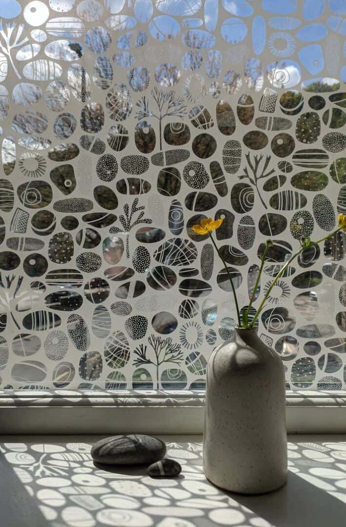 shadows cast on the window sill of pebbles created by the sunlight coming through the window film