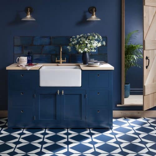 Dovetail Oxford Flooring from Harvey Maria in a kitchen in the Pantone Colour of the Year 2020 Classic Blue