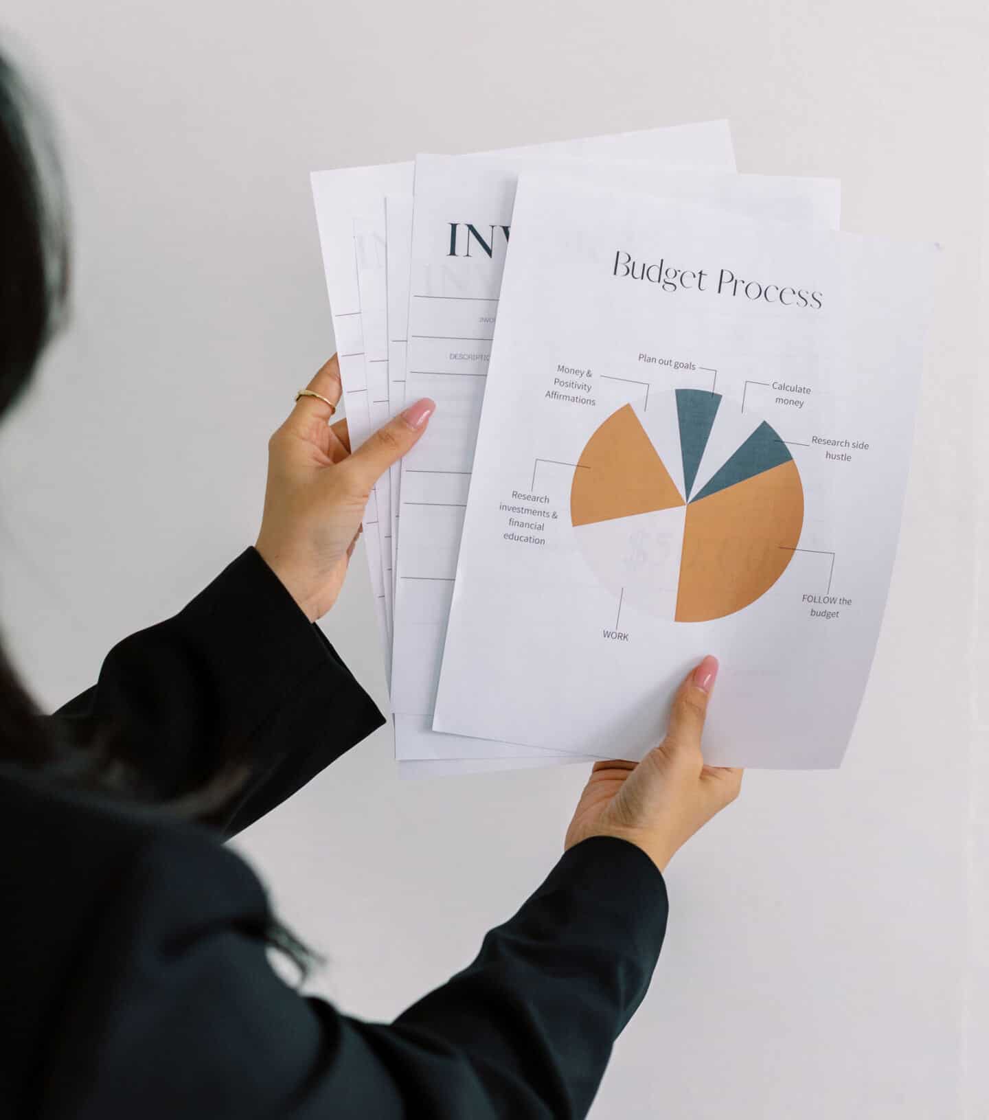 A woman holds sheets of paper with a pie chart printed on it and the title reads budget process