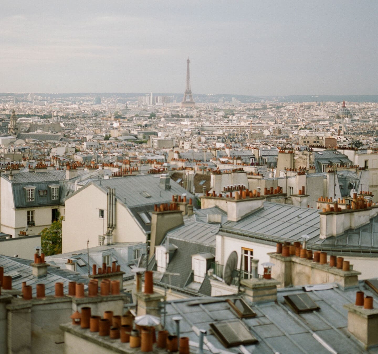 Parisian rooftops with a long view out to the Eiffel Tower