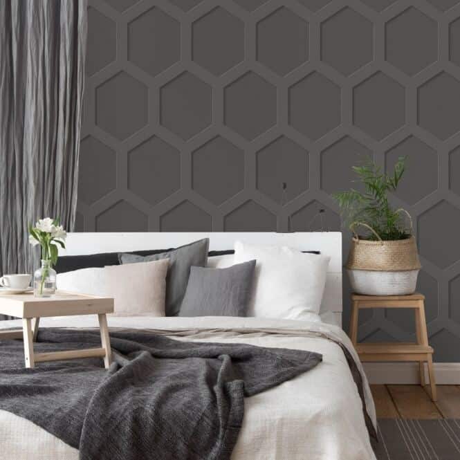 Hexagon Wooden panelling wallpaper from I Love Wallpaper in a bedroom room setting