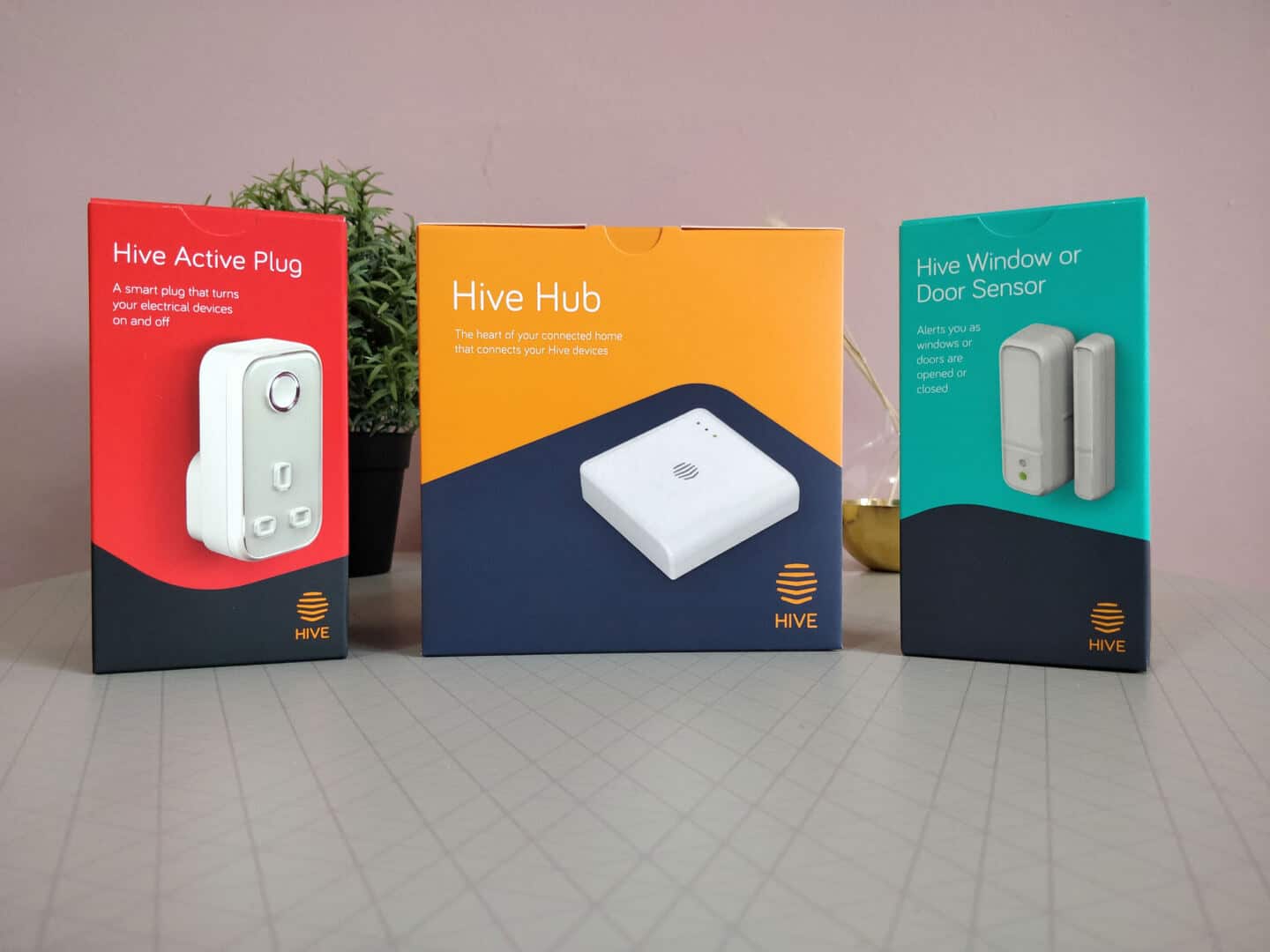 Hive Smart Home Security devices in boxes on a table