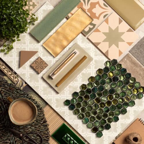 Interiors Trends for 2021 - Home Hub - Original Style Mood Board showing green and brown tiles, pencil,scissors and a mug of coffee