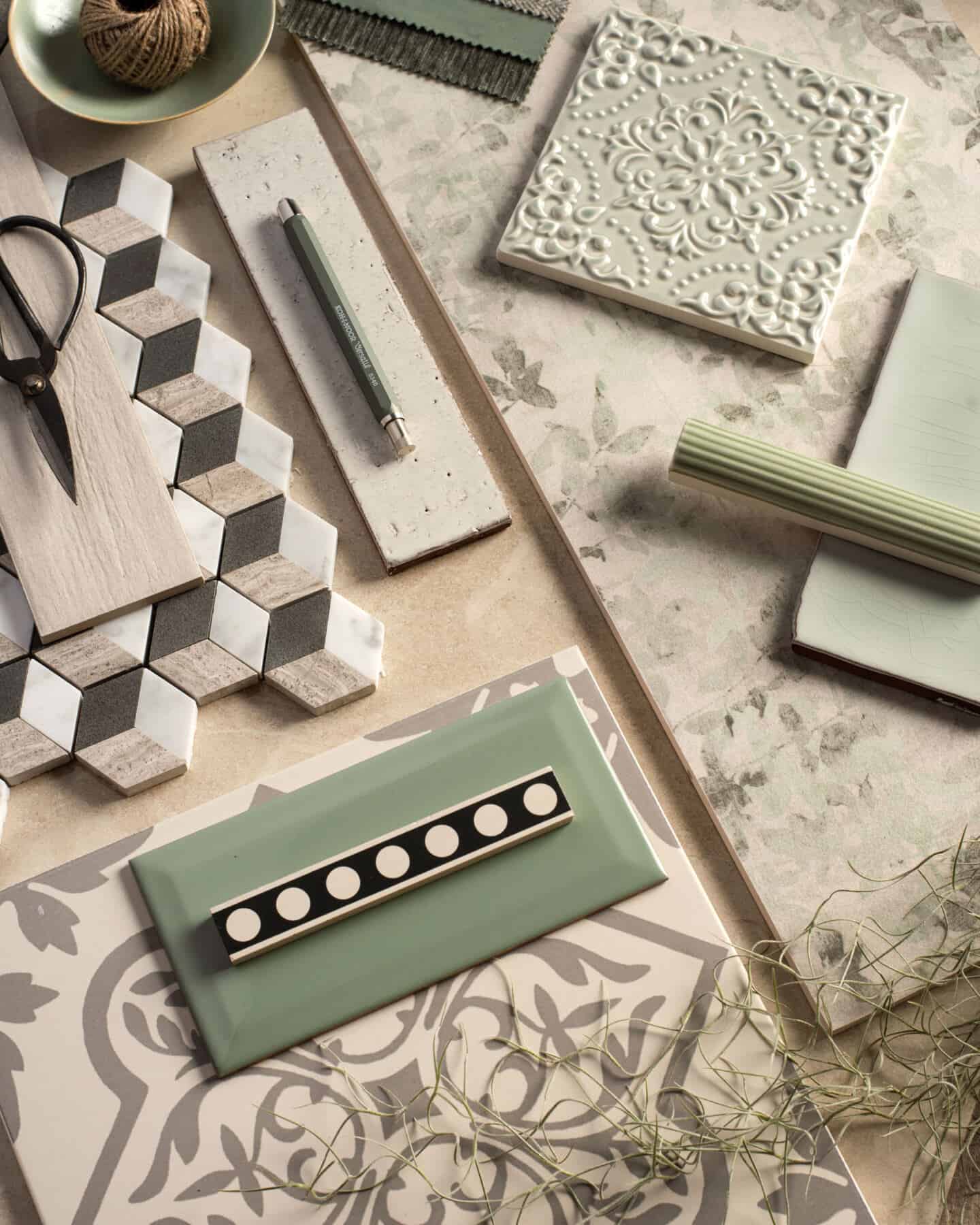 Interiors Trends for 2021 - Home Hub - Original Style Mood Board showing green tiles, pencil,scissors and string