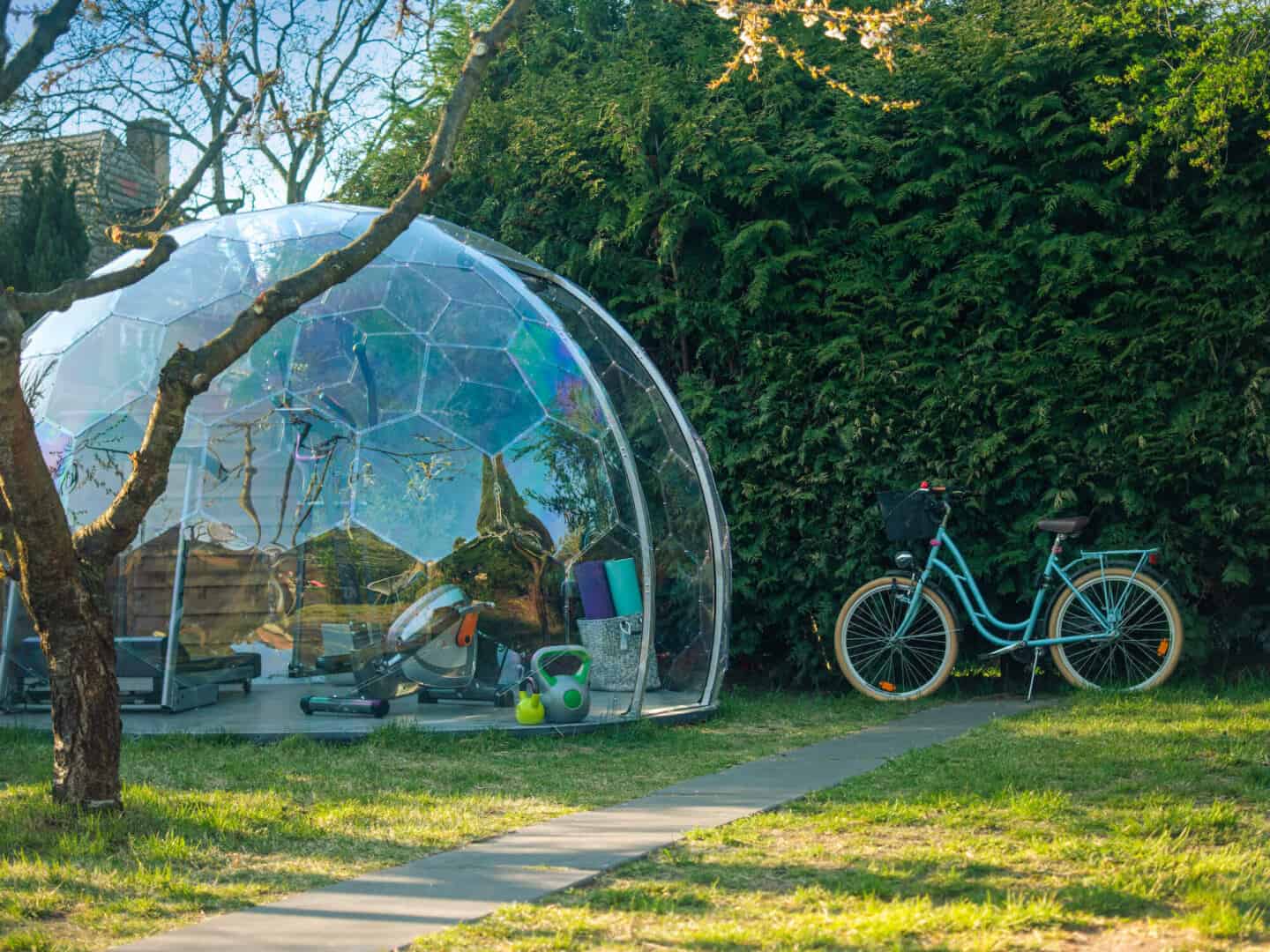 A garden dome full of exercise equipment