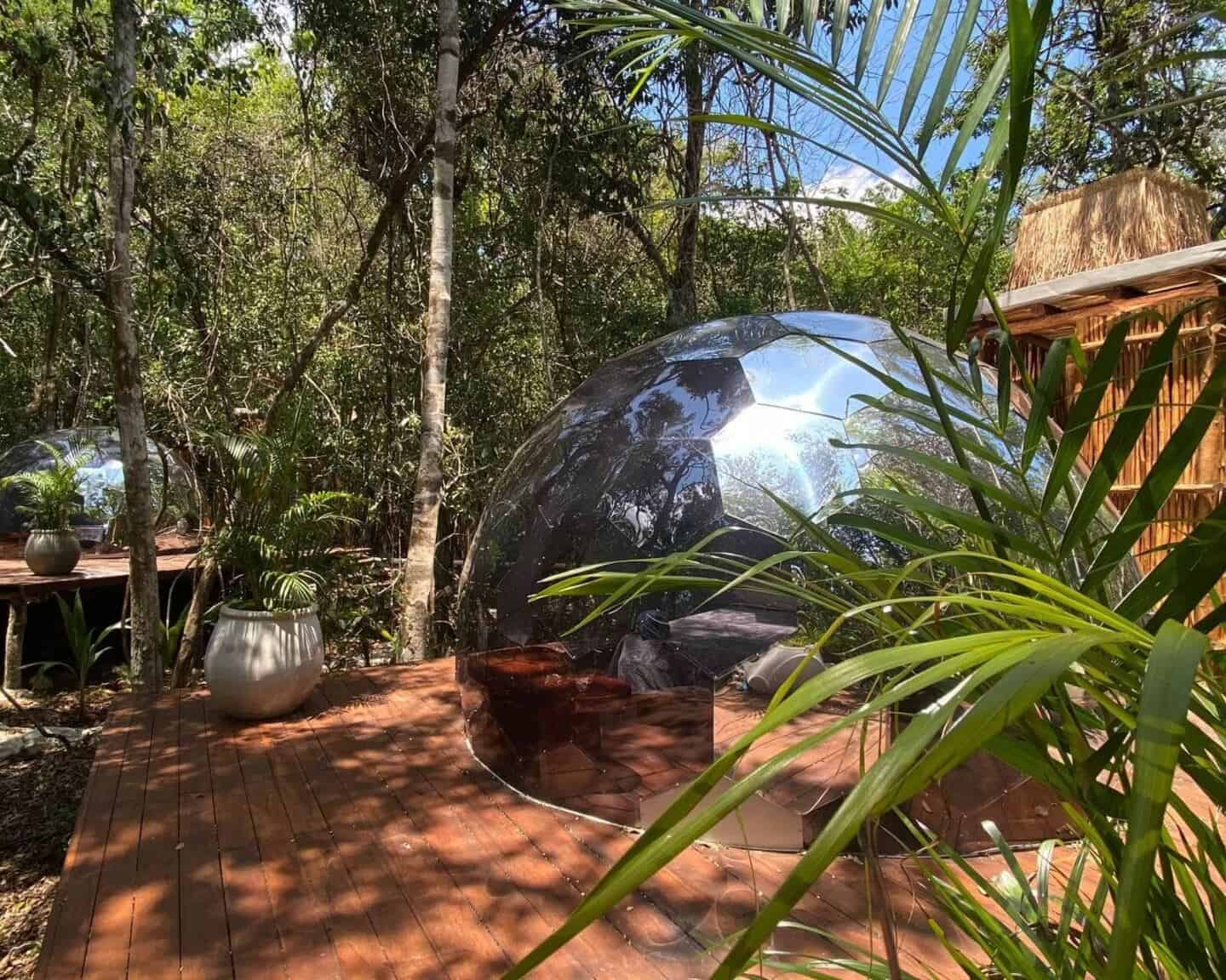 A garden dome on a wooden deck in a garden