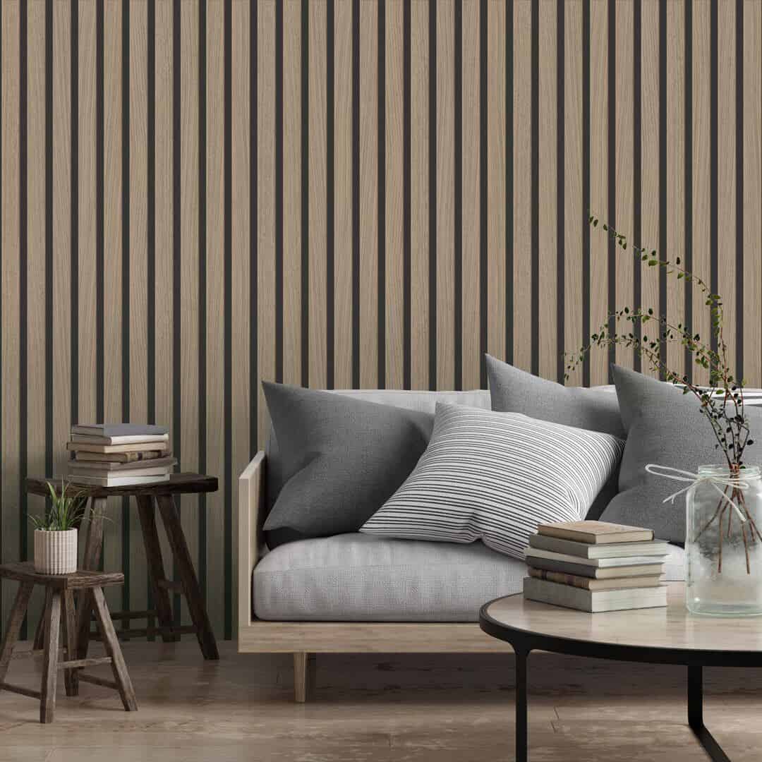 Vertical slat  wooden panelling wallpaper from I Love Wallpaper in a living room setting