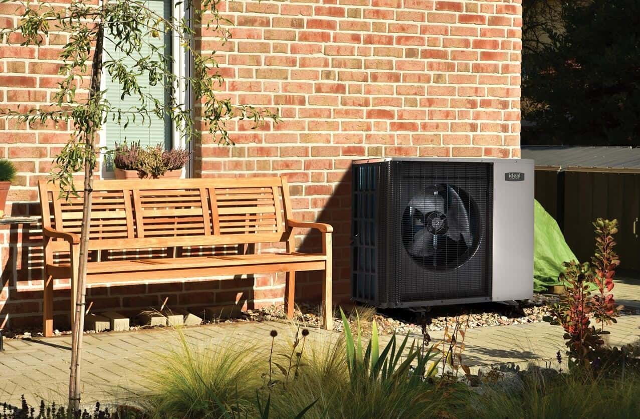 Close up of a heat pump outside a house