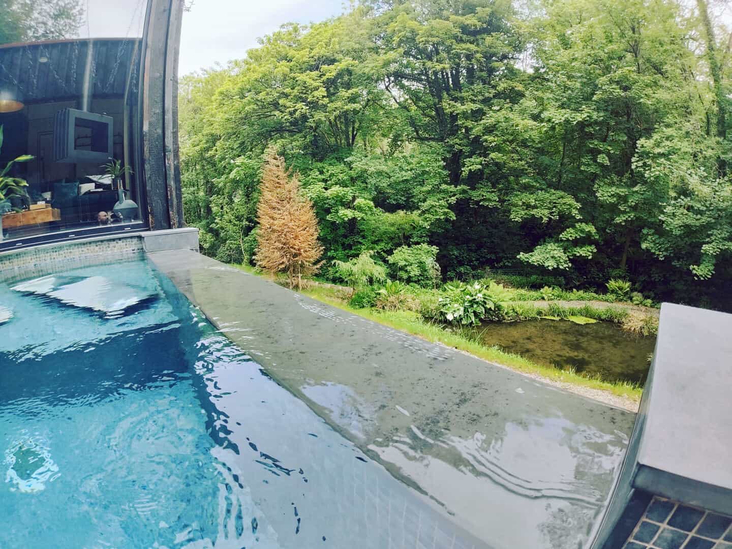 The heated infinity pool at Wildwood Spa in the forest of North Devon