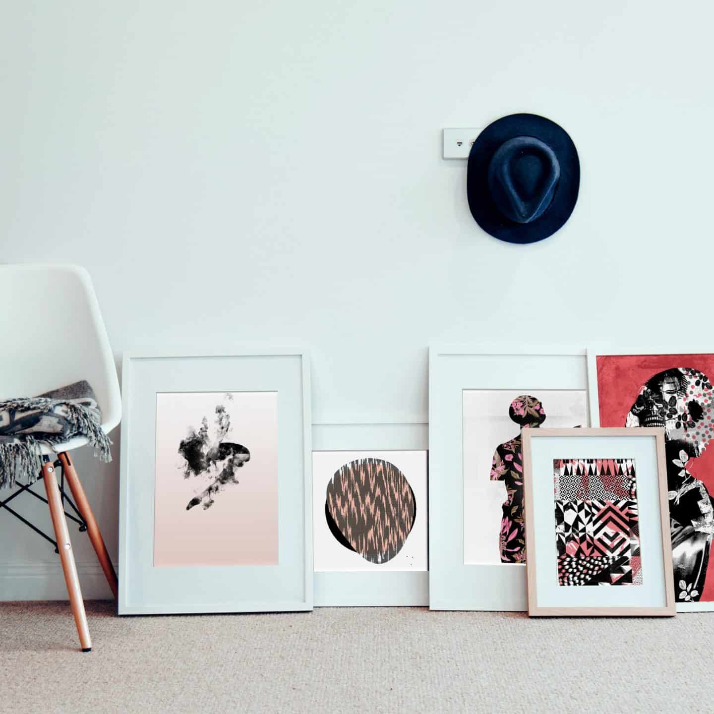 Ink and Drop-framed affordable artwork on the floor