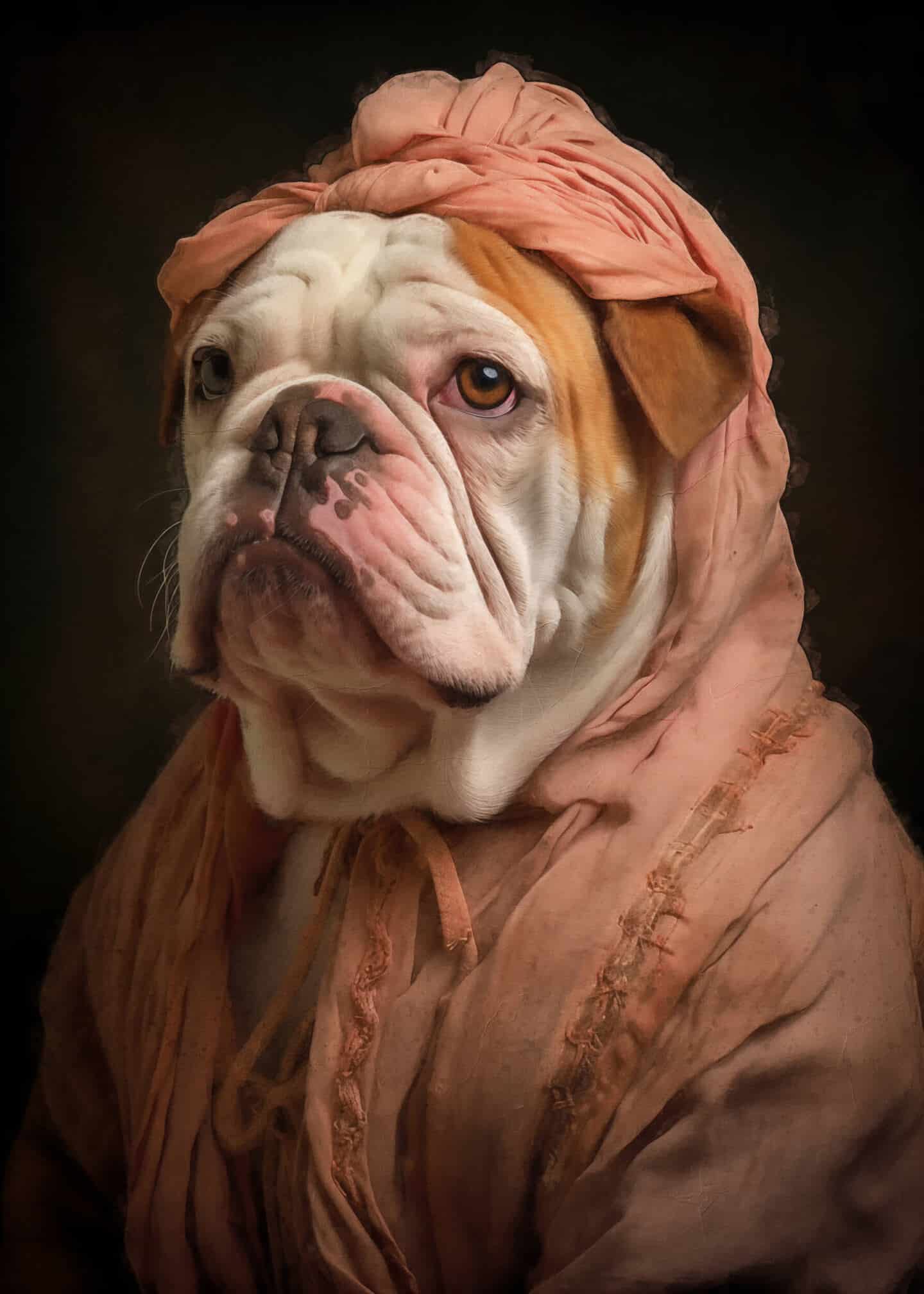 Art print featuring a bulldog dressed as a woman