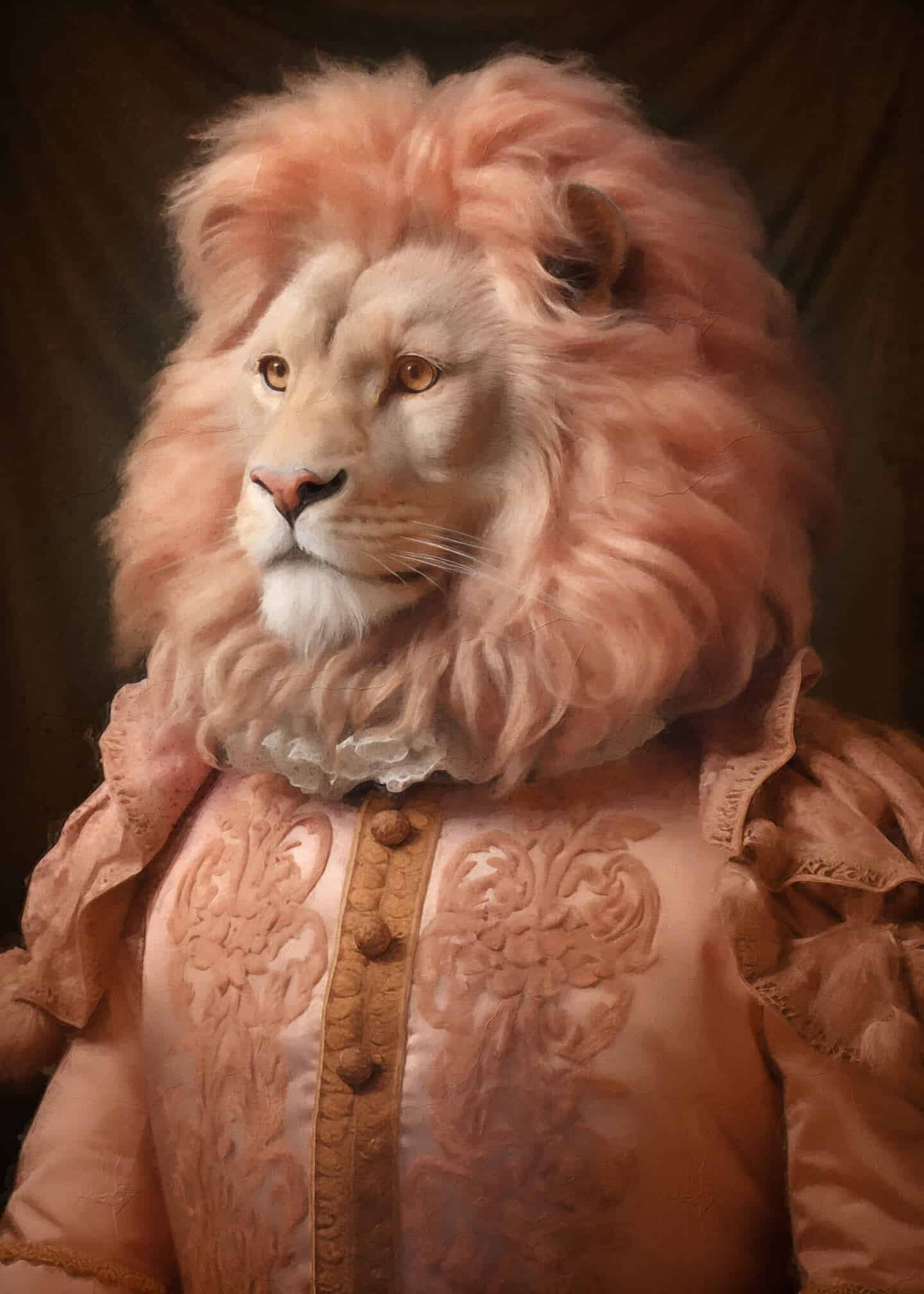 Art print of a lion wearing a decorative jacket