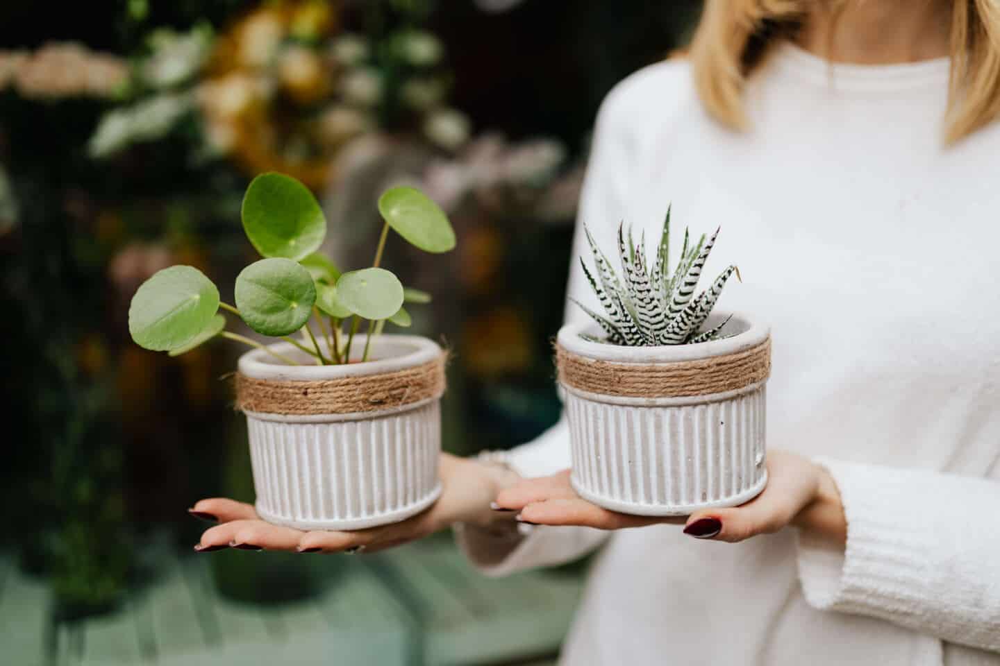 A woman holding two house plants