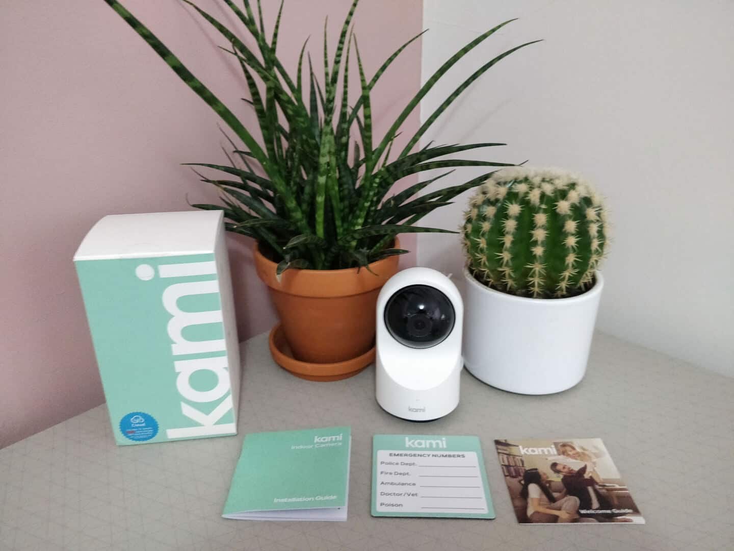 Kami indoor home security camera on a table between two plants. The empty box and leaflets are also on the table