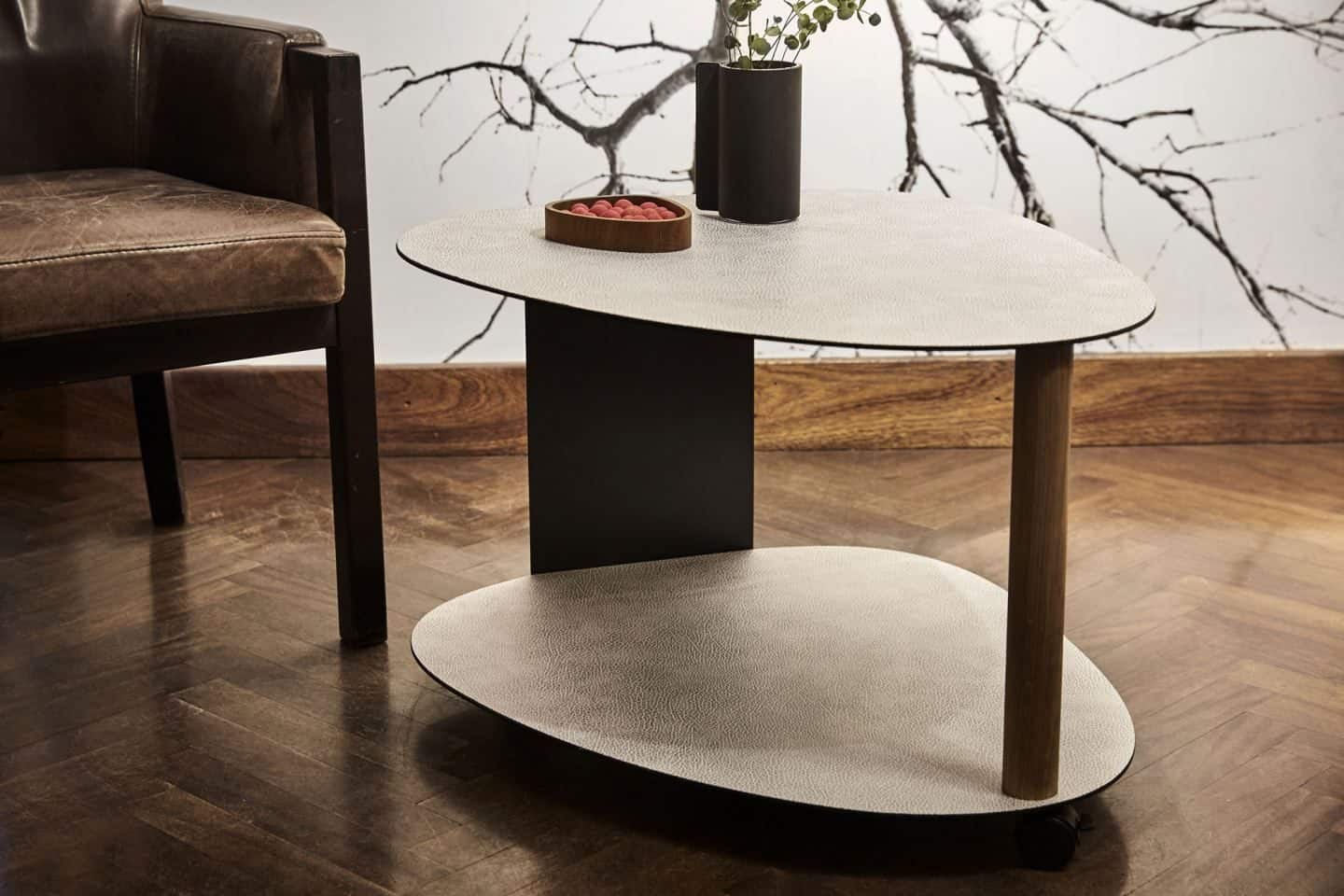 Recycled leather two-tier side table from LIND DNA