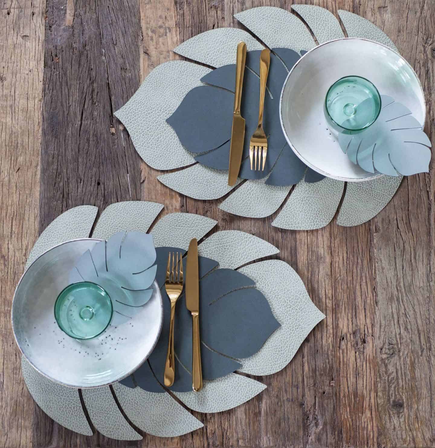 Green recycled leather made into Monstera leaf shaped placemats by LIND DNA