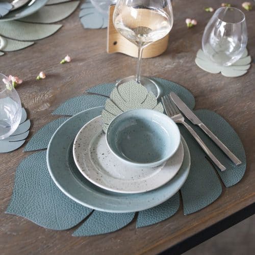 Monstera Leaf-shaped green recycled leather placemats by LIND DNA