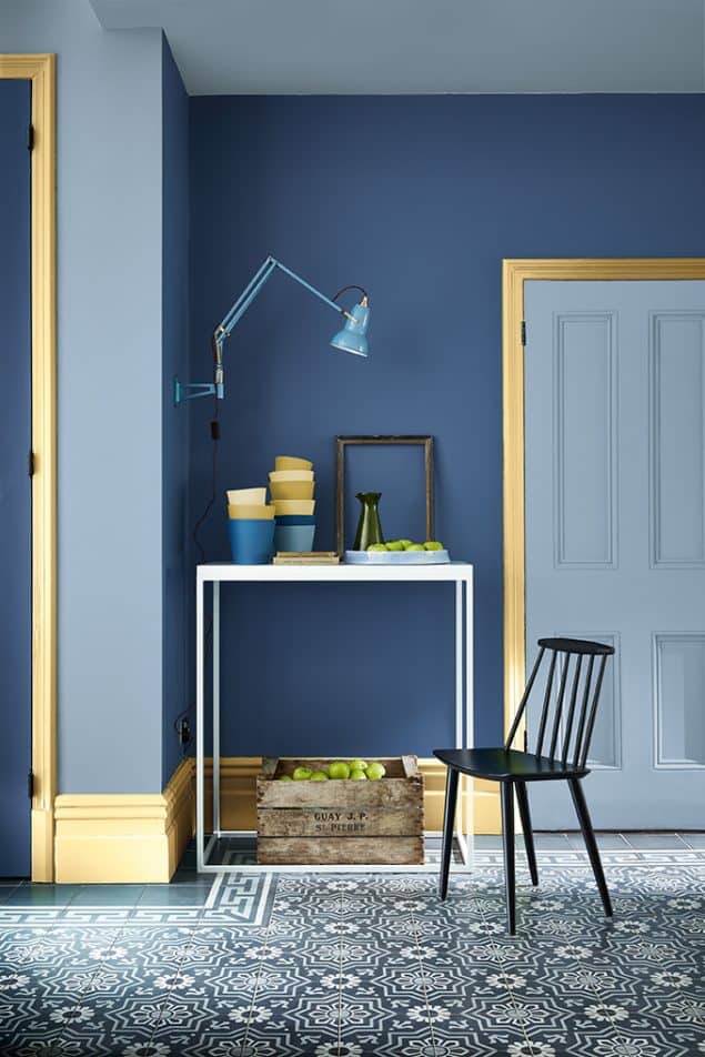 Little Greene Paint - Blue room with yellow coloured skirting board