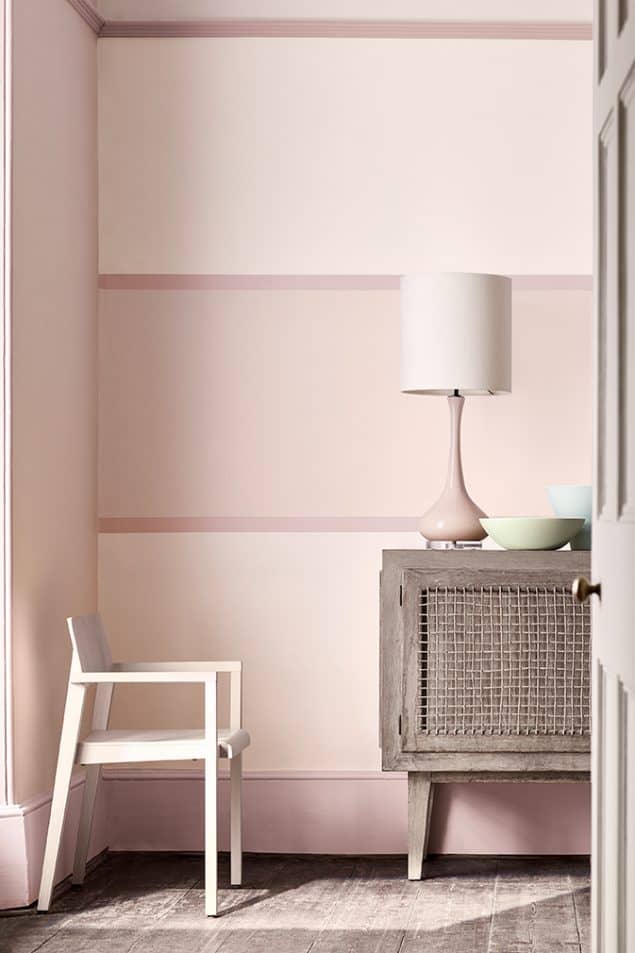 Little Greene Paint - pastel pink room with pink coloured skirting boards