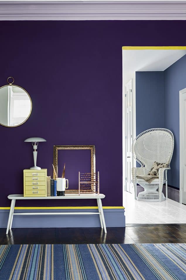 Little Greene Paint - Purple room with lilac & yellow coloured skirting board