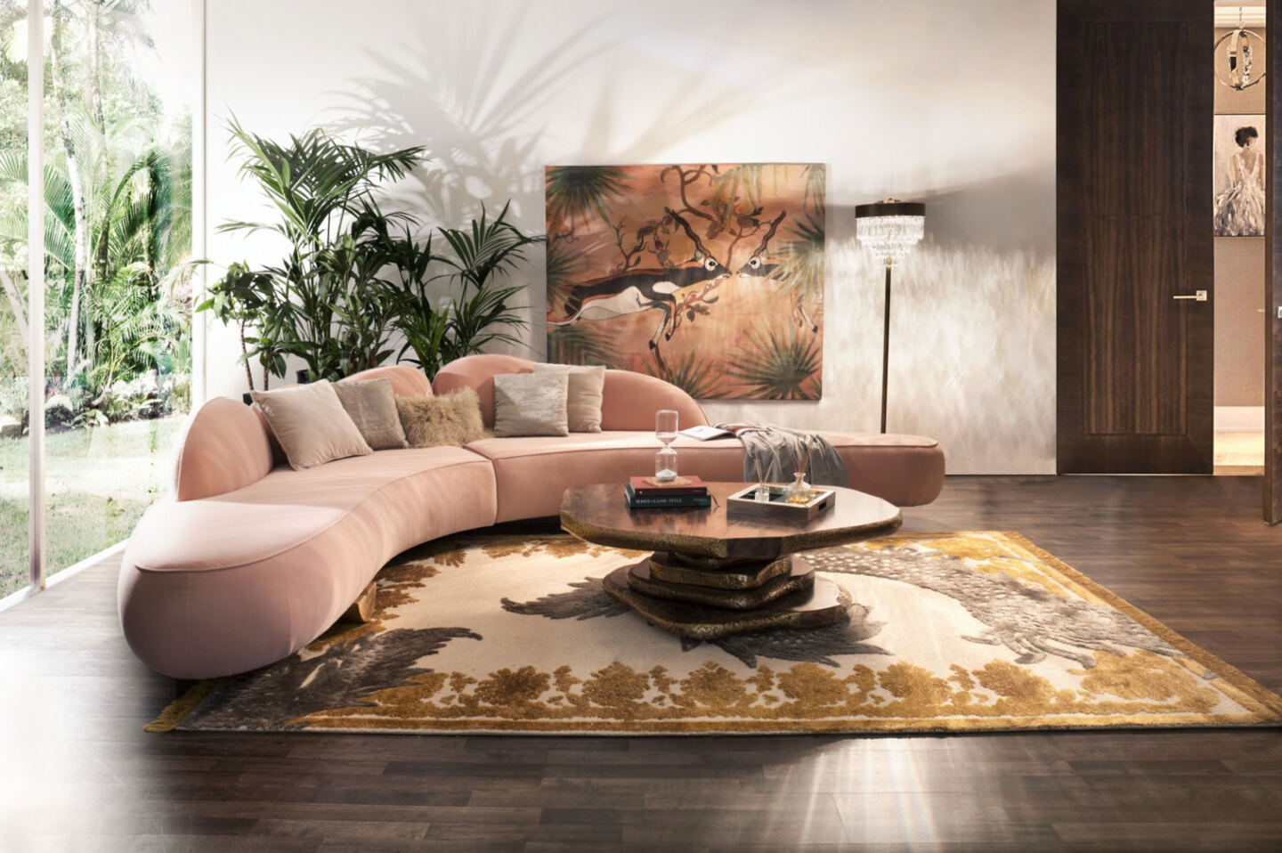 pink curved sofa positioned in minimalistic room with plants.