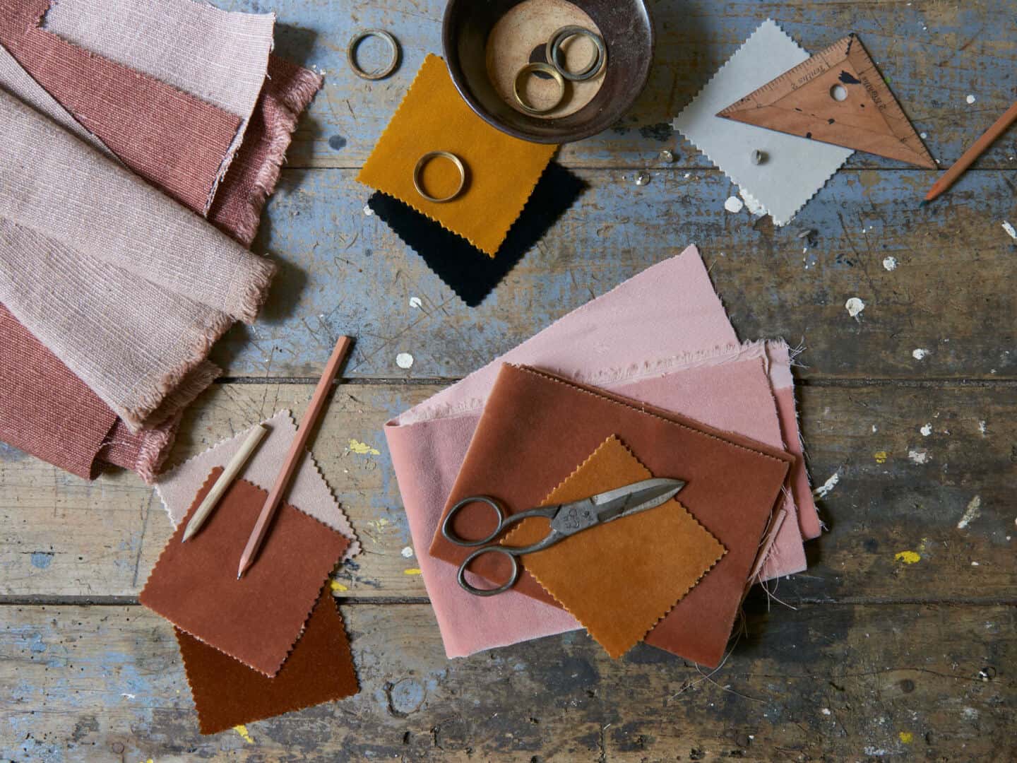 Autumnal Hues in interiors -Loaf  layered fabric swatches for AW 2020 in shades of red, orange and pink