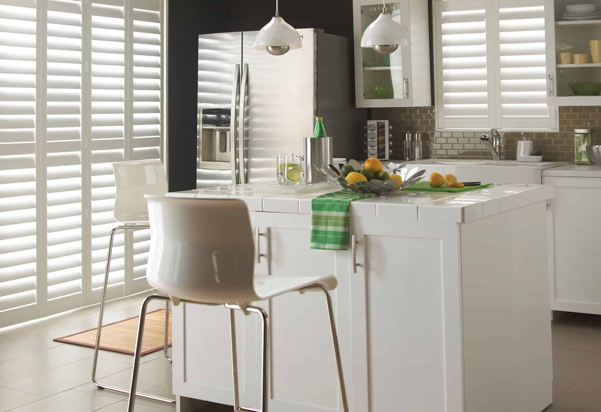 Luxaflex Faux Wood Shutter in White_kitchen_black wall