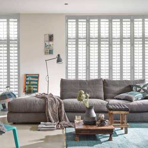 Luxaflex Faux Wood Shutter in white_living room_grey sofa