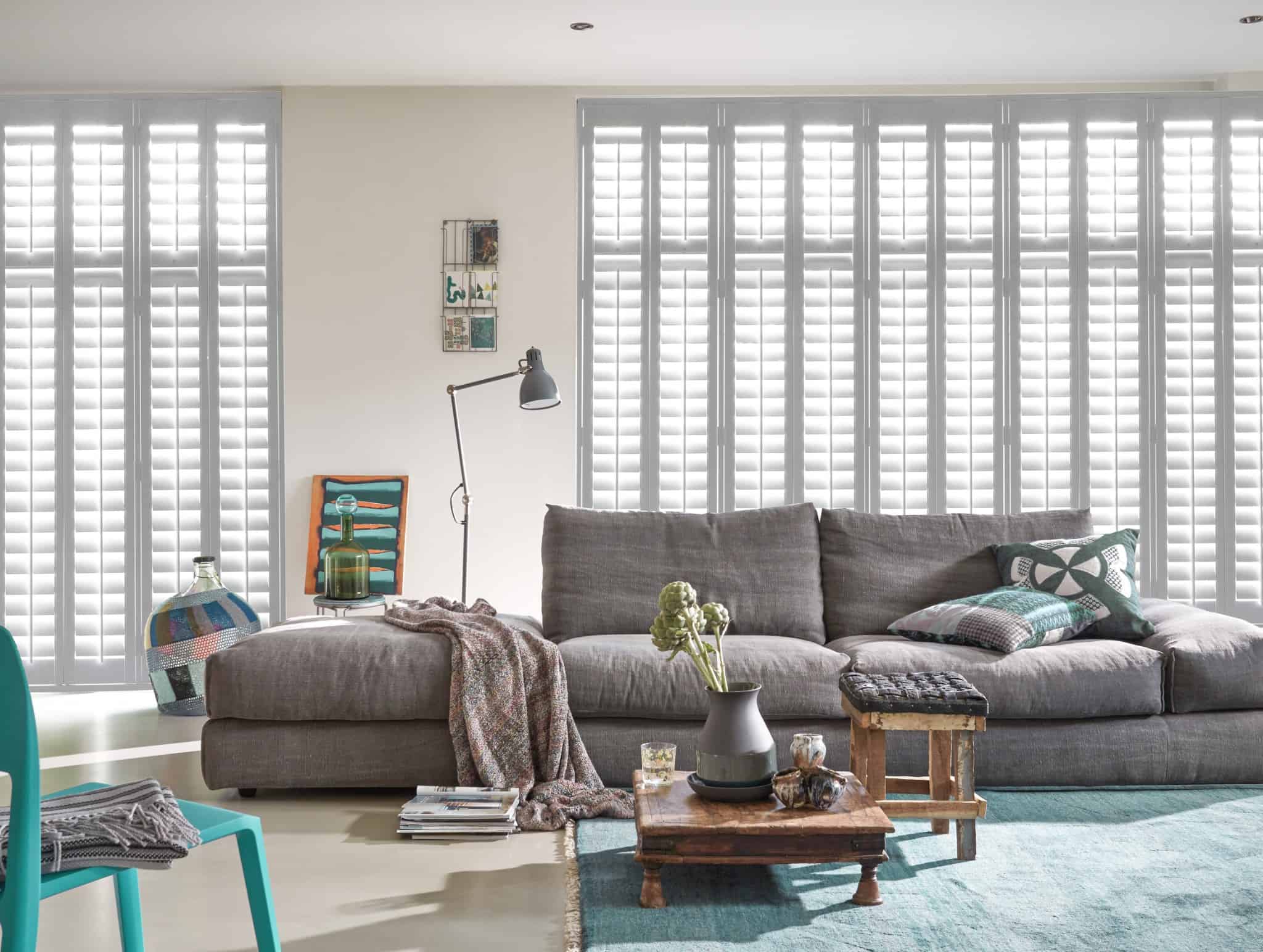 Luxaflex Faux Wood Shutter in white_living room_grey sofa