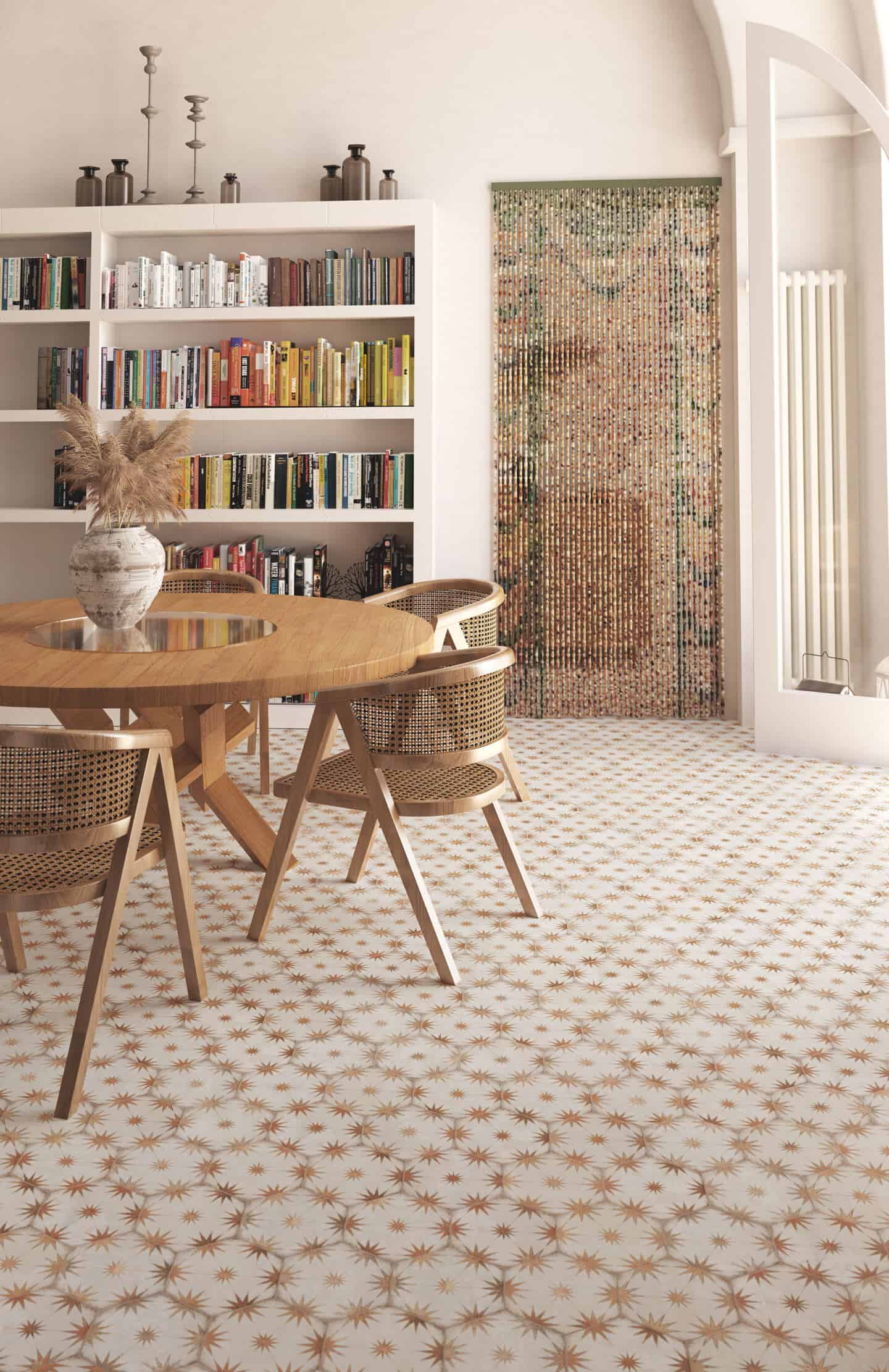 A dining room with porcelain tiles on the floor and a beaded curtain on the wall