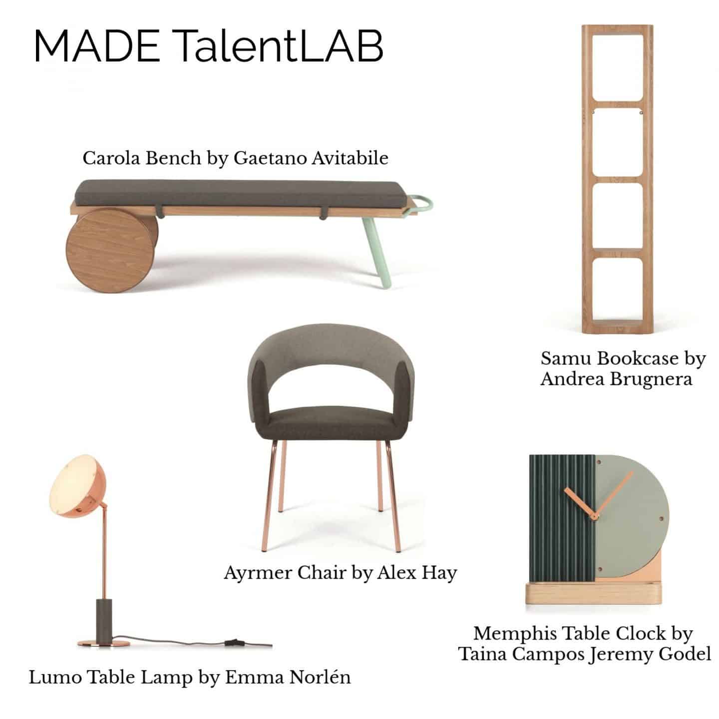 A collage of products from the MADE.COM TalentLAB Collection 2 featuring furniture, lighting and accessories