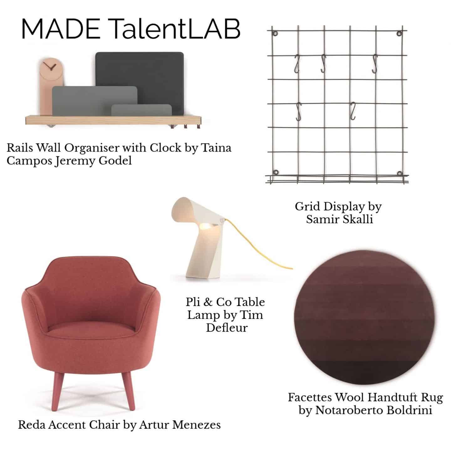 A collage of products from the MADE.COM TalentLAB Collection 2 featuring furniture, lighting, storage and a rug