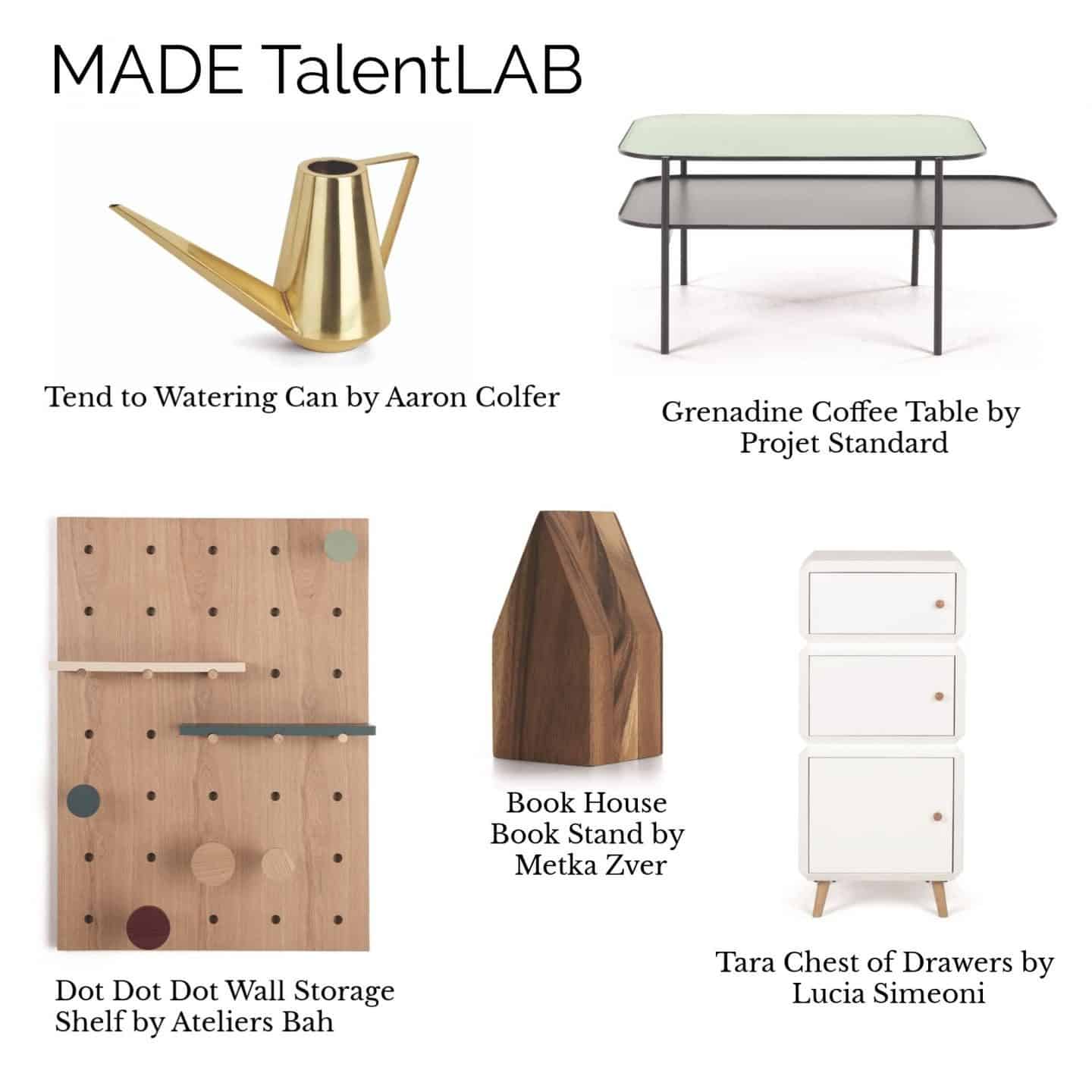 A collage of products from the MADE.COM TalentLAB Collection 2 featuring furniture, storage and accessories