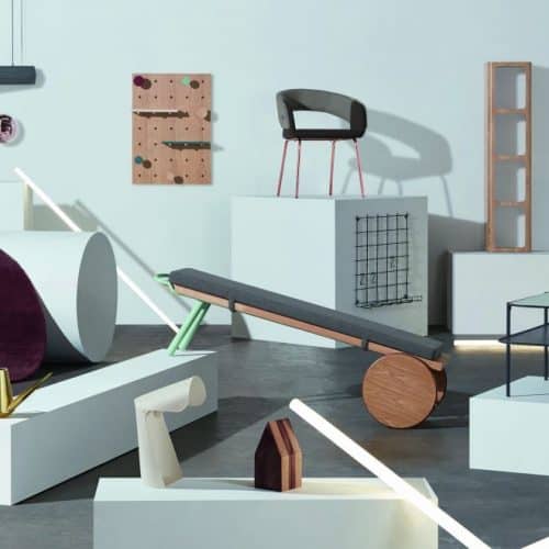 A lifestyle shot of MADE.COM TALENT_LAB COLLECTION 2 comprised of various bits of furniture, lighting and home accessories