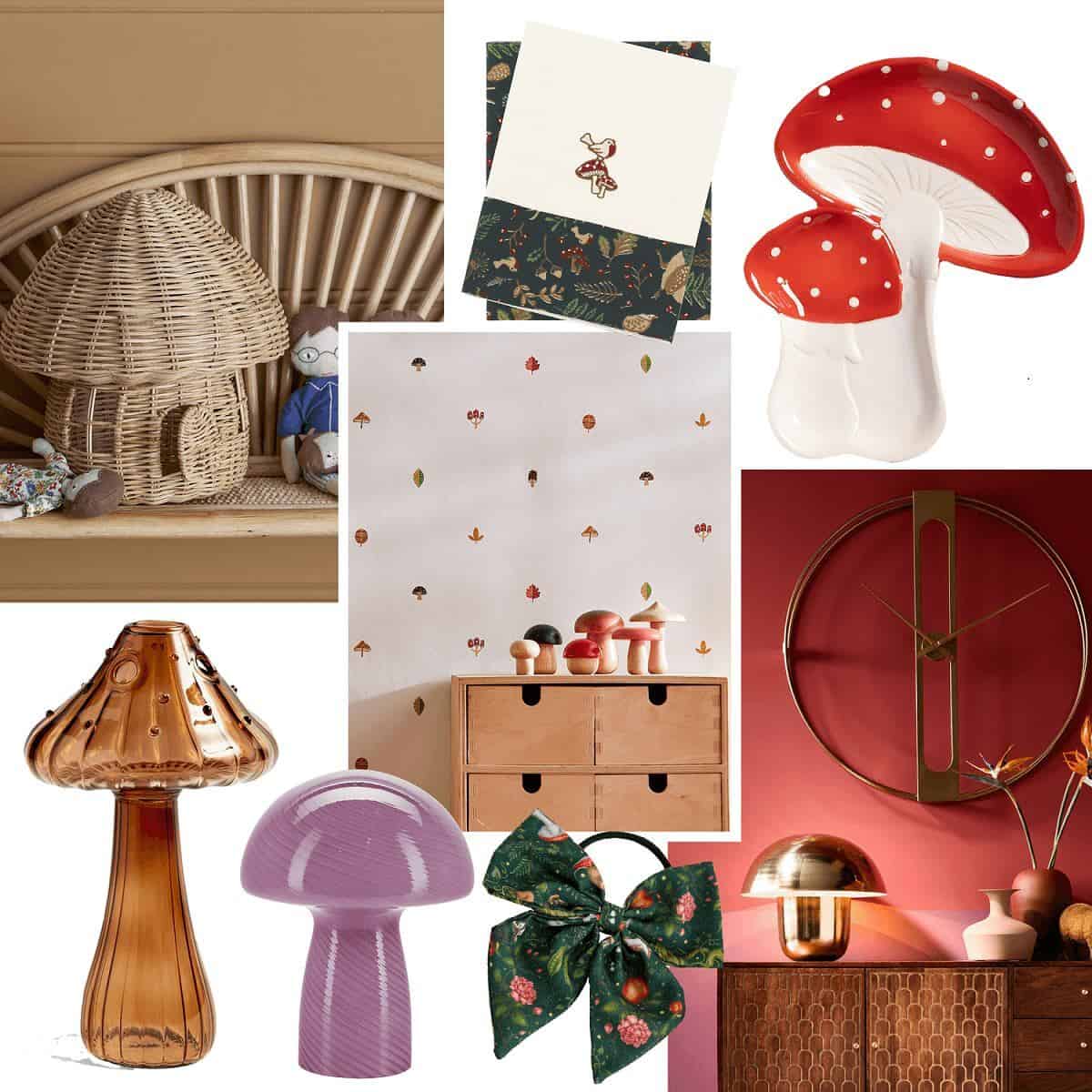 A collage of mushroom inspired products illustrating the mushrooms interior trend