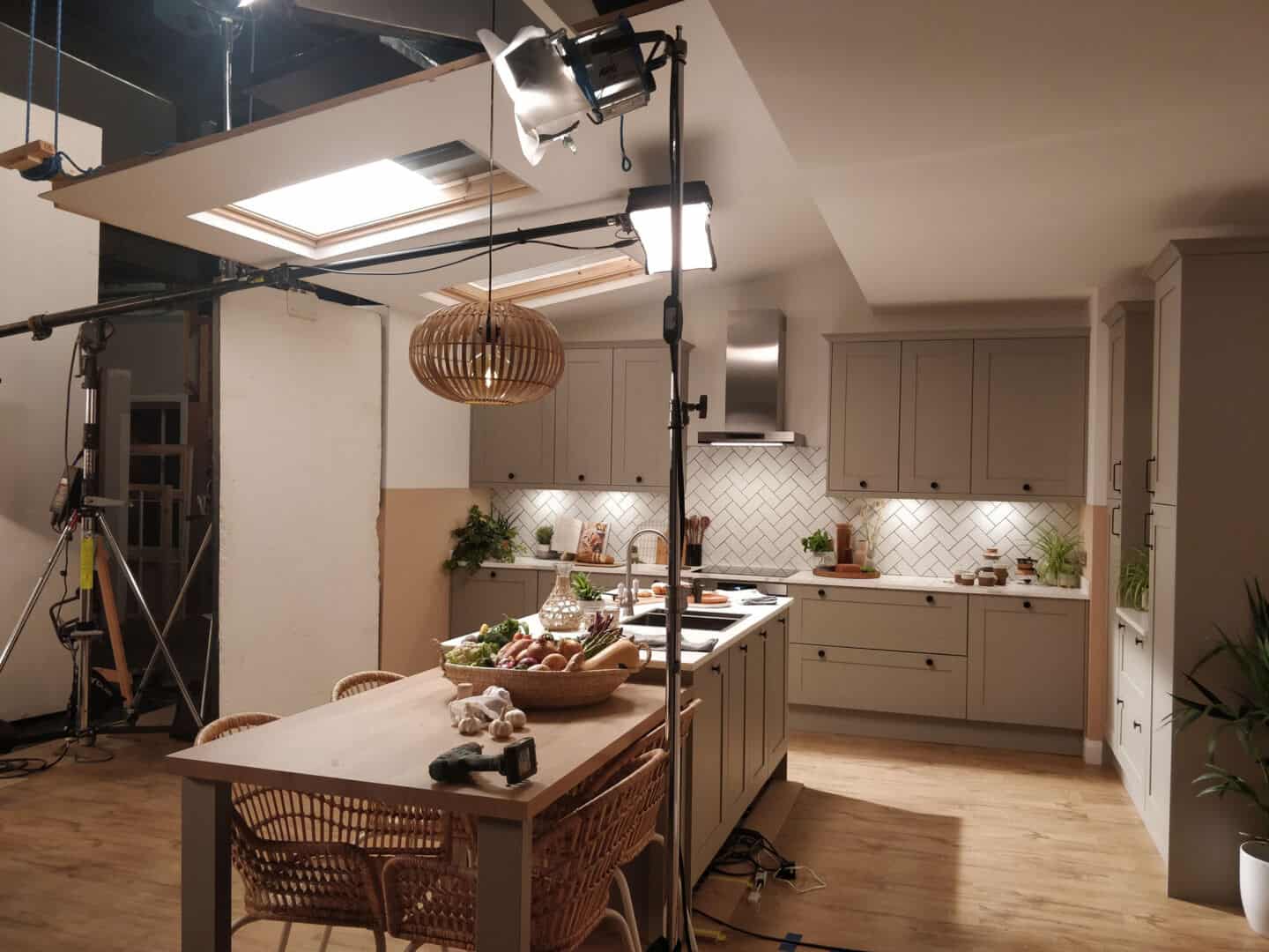 The set of Magnet's Tatton Kitchen in Pebble ready for filming.