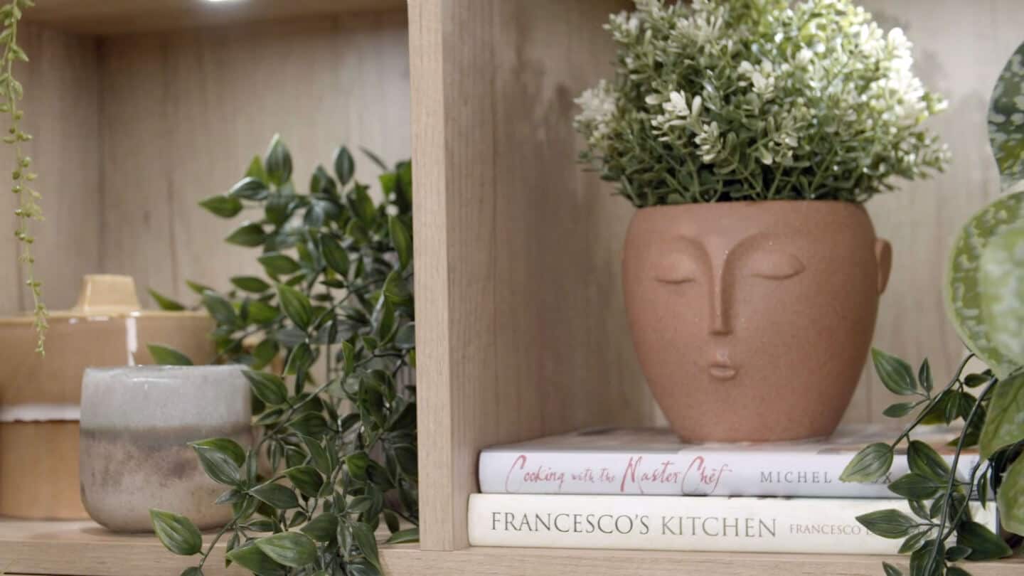 A close up of built-in shelves in Magnet's Tatton kitchen full of plants and other accessories