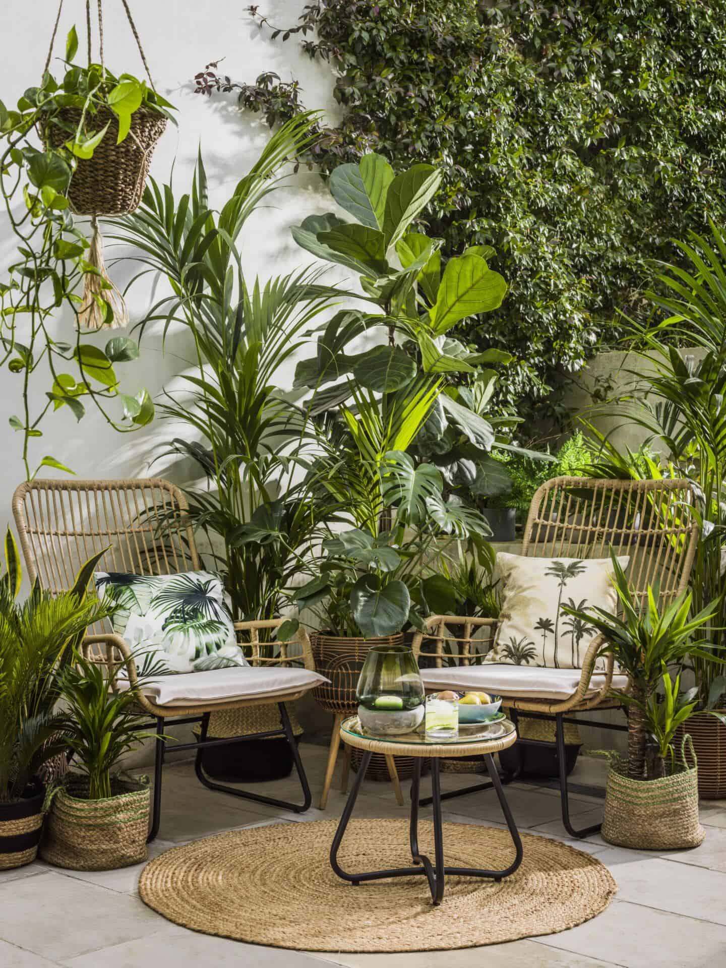 Botanist is a SS20 interiors trend by Very.co.uk that features nature in interiors. This small patio is full of furniture and accessories in natural materials and overflowing with leafy green plants