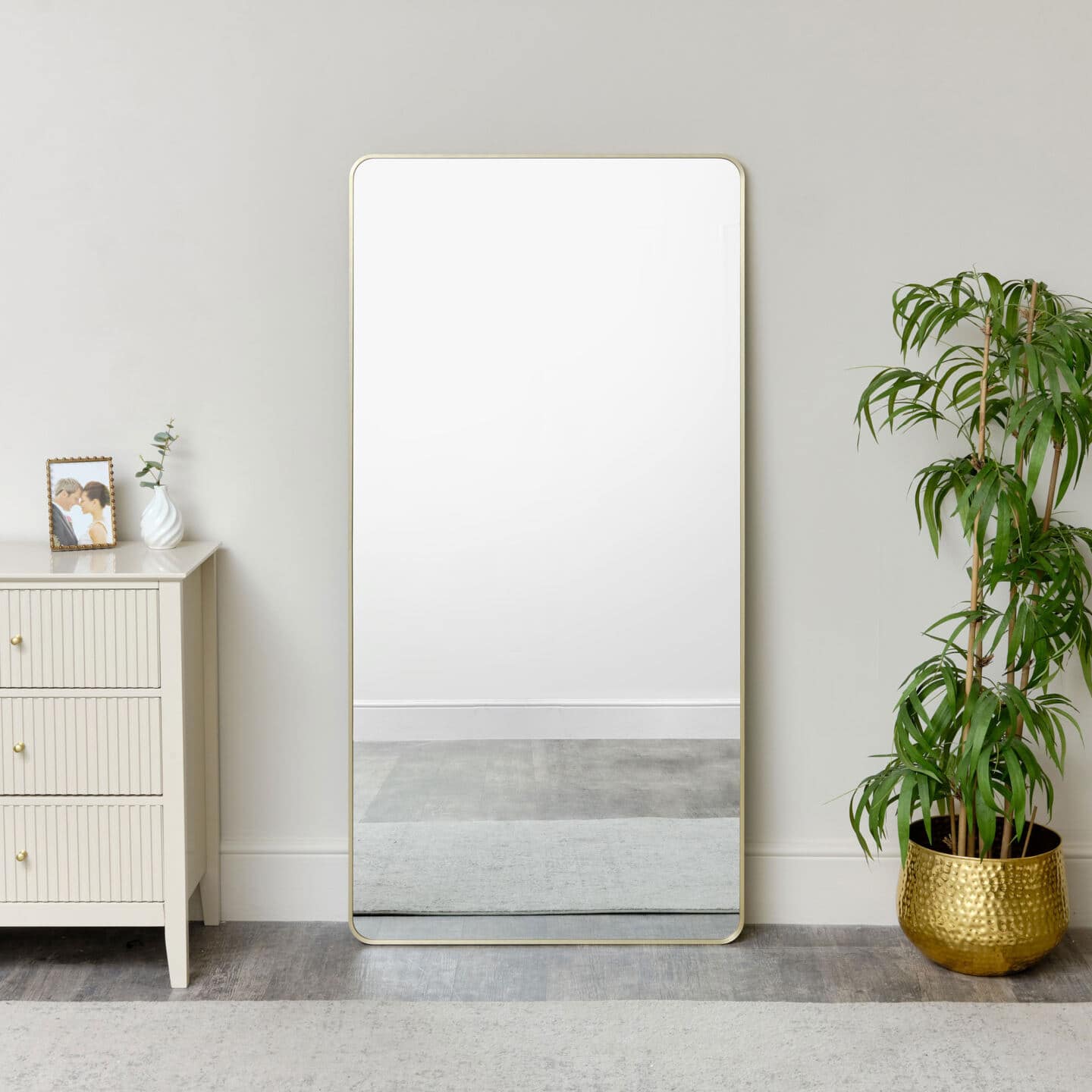 A large mirror leans against the wall with a plant on the right and a sideboard on the left