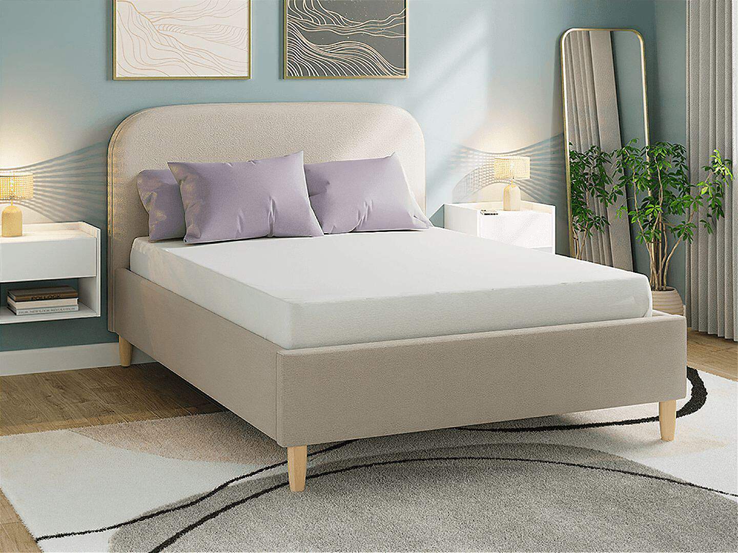 A bedroom decorated in pastel colours features a 4ft6 double ottoman bed with wooden legs. You cannot tell it is an ottoman bed when the storage is closed