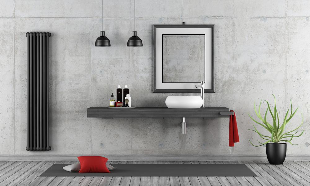 modern bathroom featuring a vertical column radiator