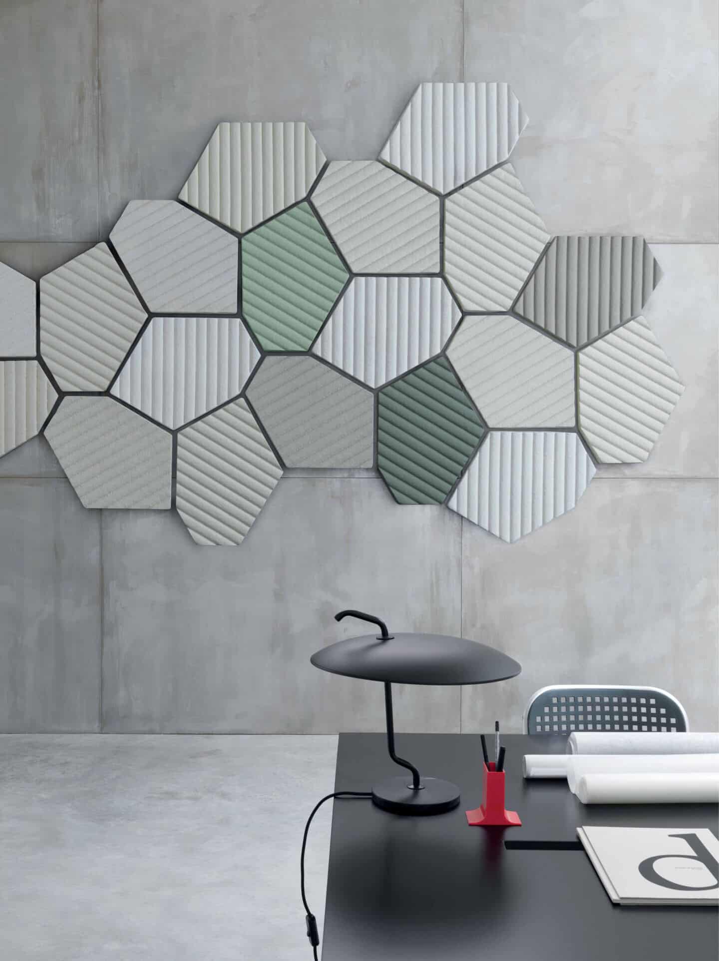 The mushrooms interior trend also features acoustic panels made from mycelium