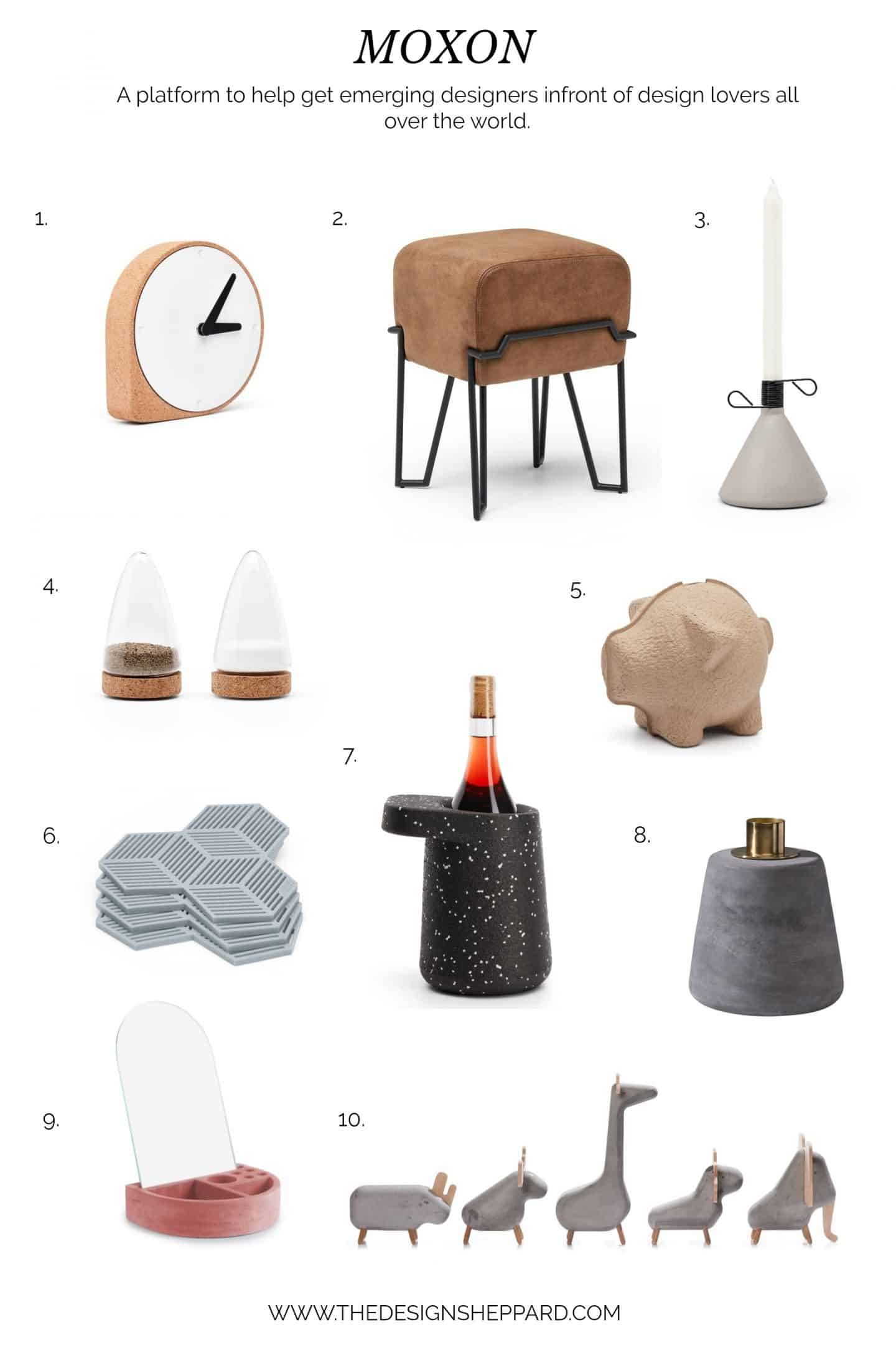 A selection of products from MOXON, an online store selling homewares and decorative accessories by emerging designers