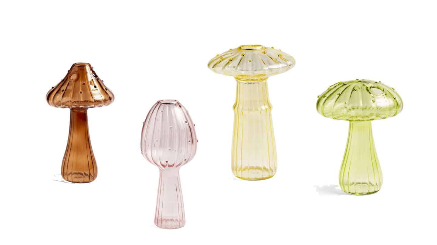 4 Mushroom vases made from transparent coloured glass perfectly depict the mushrooms interior trend